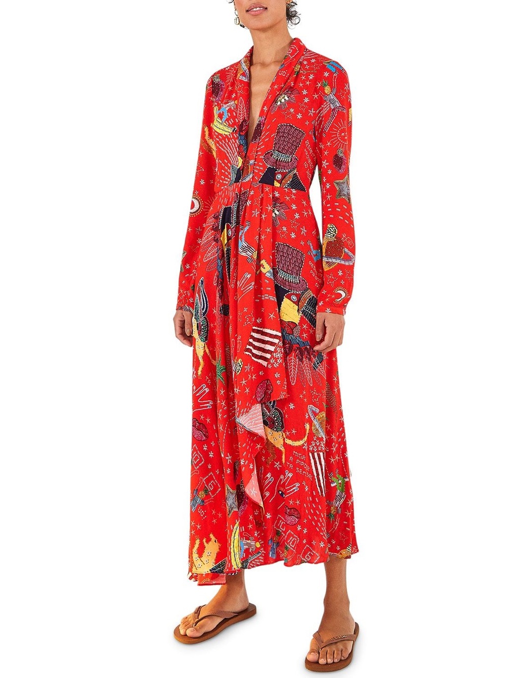 Farm Rio MEDIUM Carnival long sleeve draped maxi dress in red - Picture 3 of 10